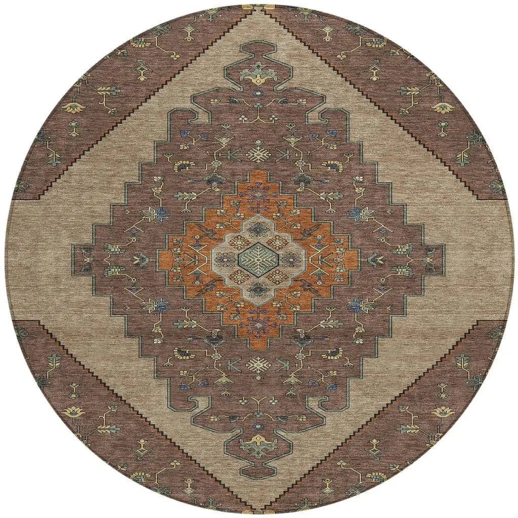 8' Brown And Gold Round Geometric Washable Indoor Outdoor Area Rug Homeroots Outdoor