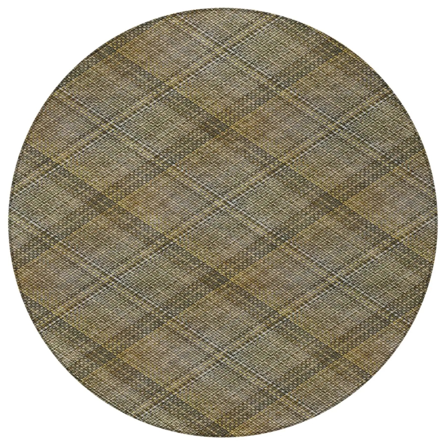 8' Brown And Gold Round Plaid Washable Indoor Outdoor Area Rug Homeroots Outdoor