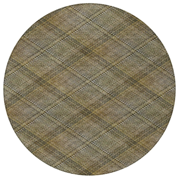 8' Brown And Gold Round Plaid Washable Indoor Outdoor Area Rug Homeroots Outdoor