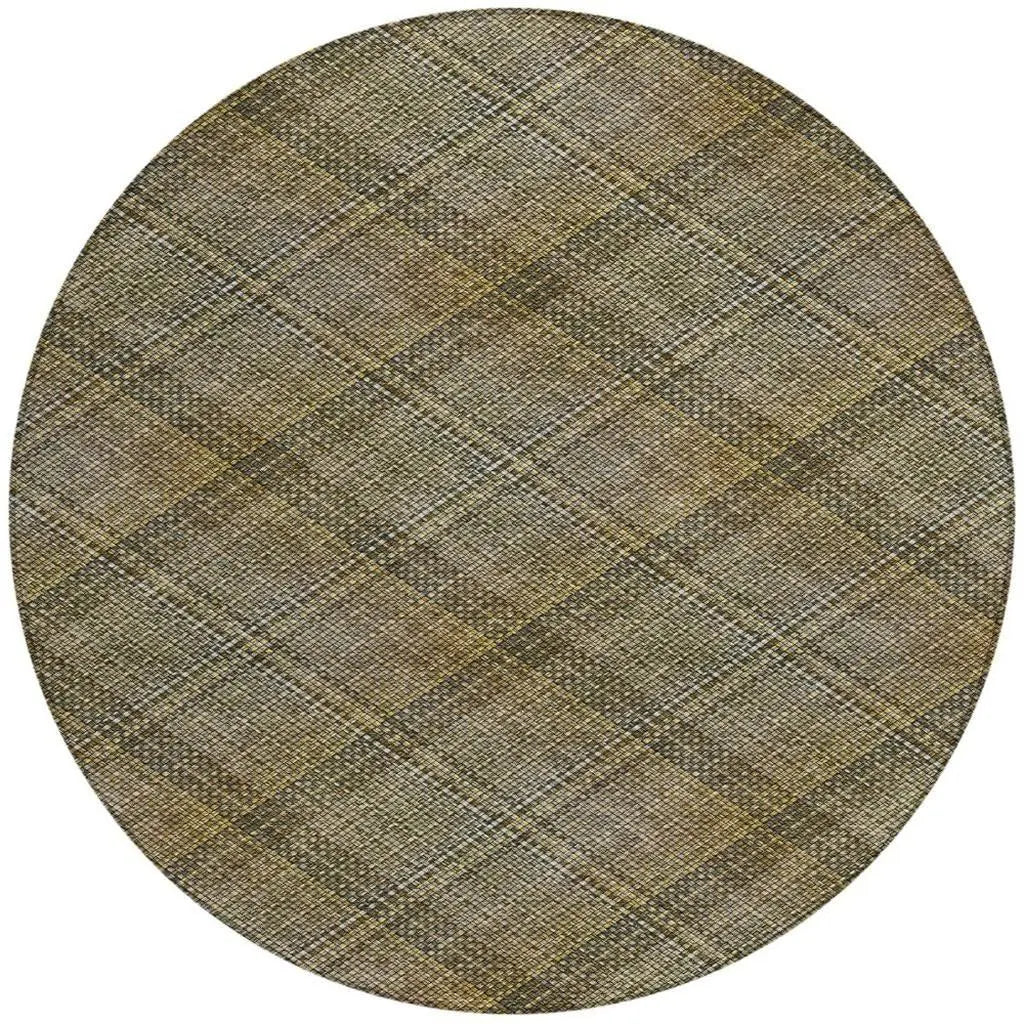 8' Brown And Gold Round Plaid Washable Indoor Outdoor Area Rug Homeroots Outdoor