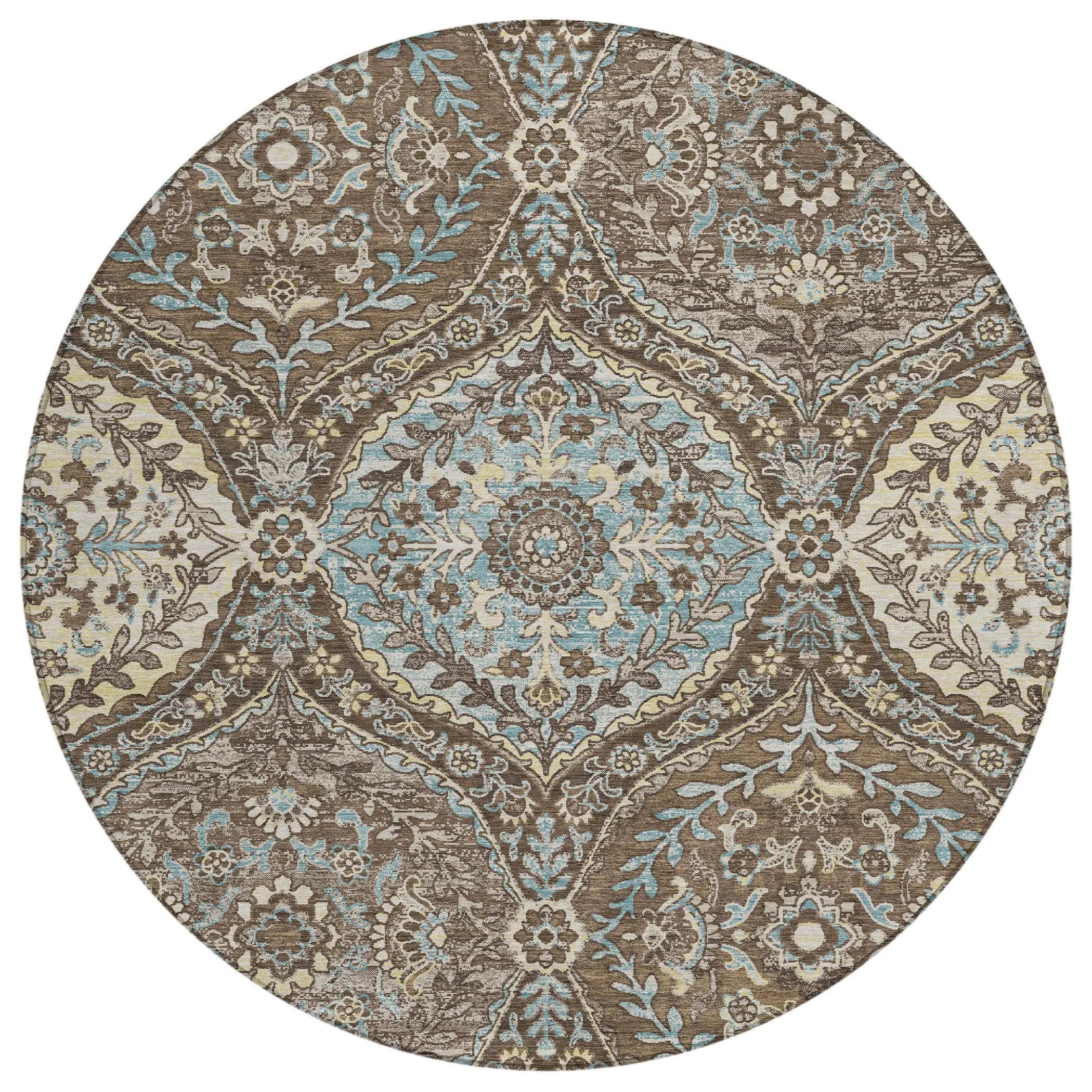 8' Brown And Graphite Round Ogee Washable Indoor Outdoor Area Rug Homeroots Outdoor