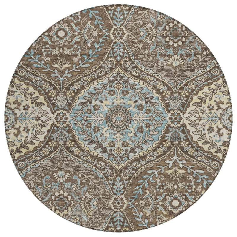 8' Brown And Graphite Round Ogee Washable Indoor Outdoor Area Rug Homeroots Outdoor