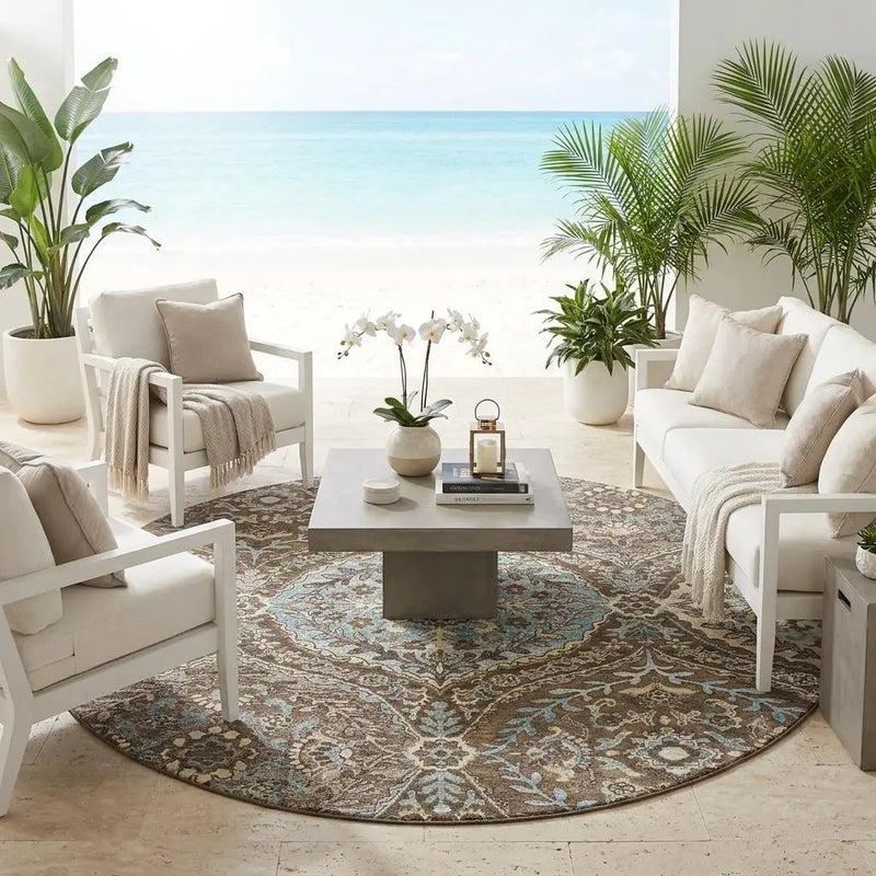 8' Brown And Graphite Round Ogee Washable Indoor Outdoor Area Rug Homeroots Outdoor