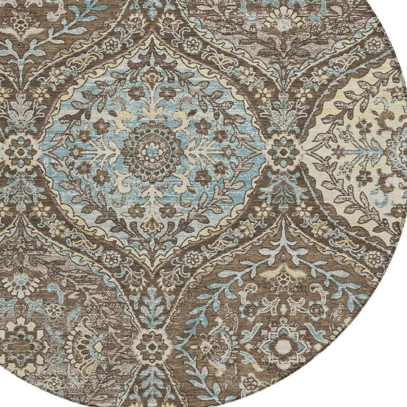 8' Brown And Graphite Round Ogee Washable Indoor Outdoor Area Rug Homeroots Outdoor
