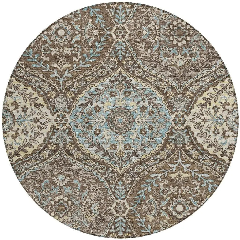 8' Brown And Graphite Round Ogee Washable Indoor Outdoor Area Rug Homeroots Outdoor