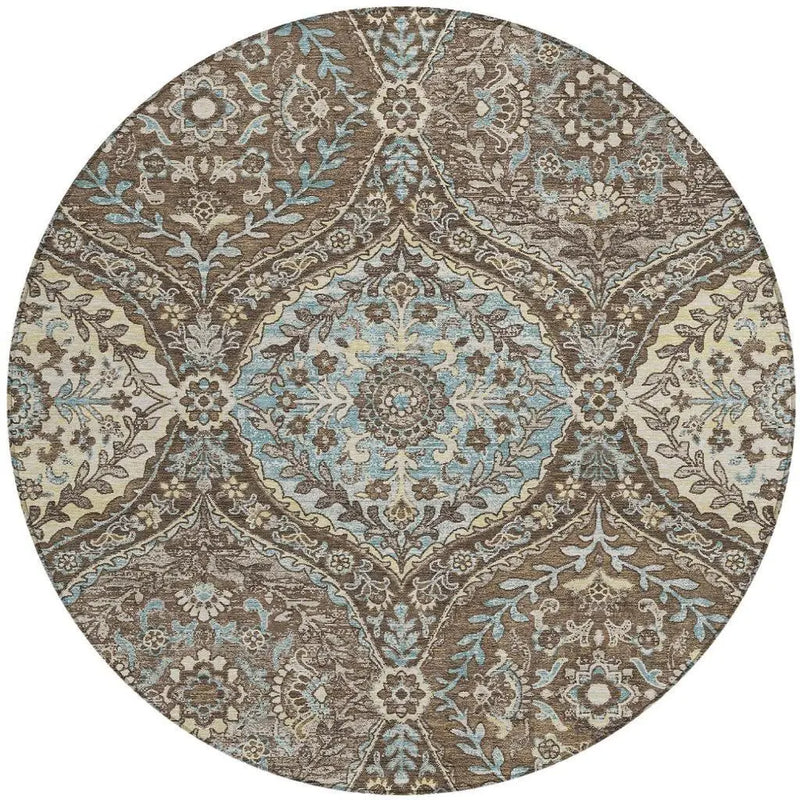 8' Brown And Graphite Round Ogee Washable Indoor Outdoor Area Rug Homeroots Outdoor