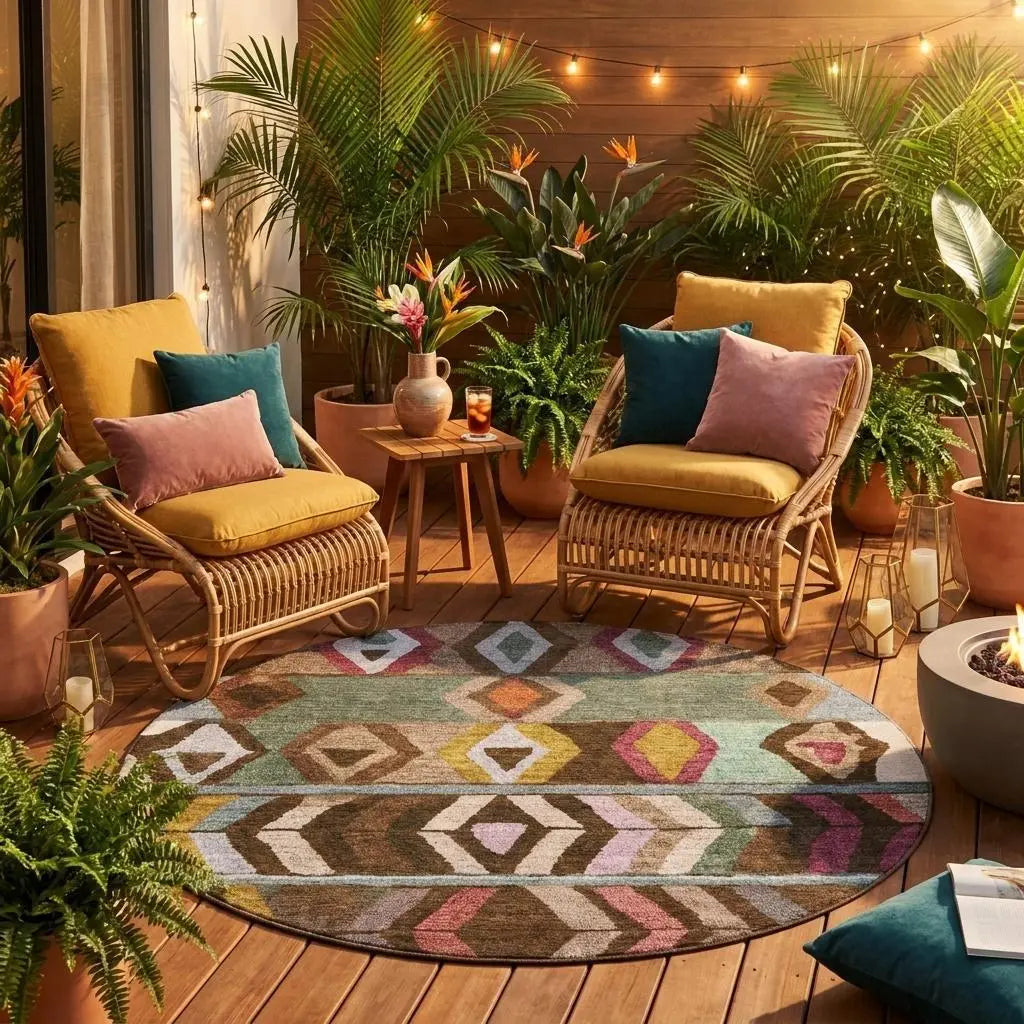 8' Brown And Graphite Round Tribal Washable Indoor Outdoor Area Rug Homeroots Outdoor