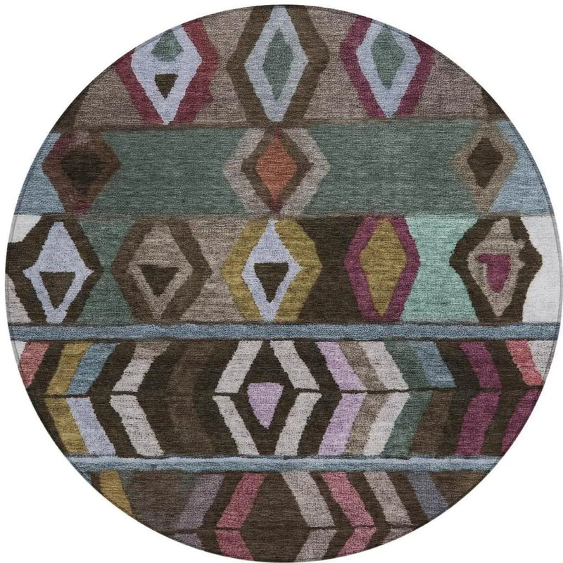 8' Brown And Graphite Round Tribal Washable Indoor Outdoor Area Rug Homeroots Outdoor