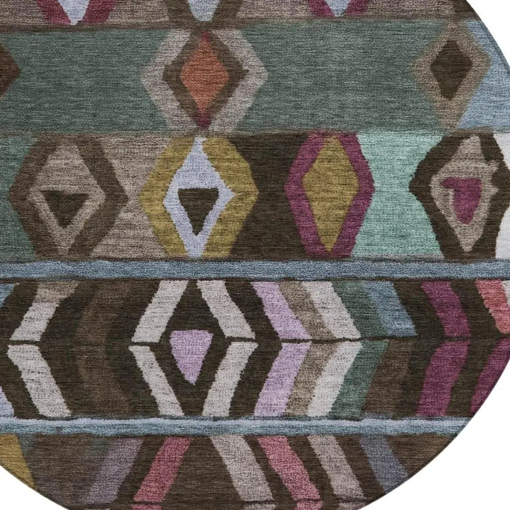 8' Brown And Graphite Round Tribal Washable Indoor Outdoor Area Rug Homeroots Outdoor