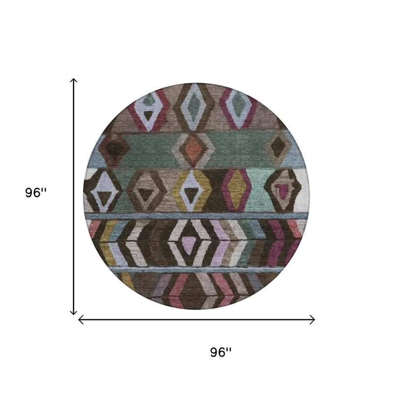 8' Brown And Graphite Round Tribal Washable Indoor Outdoor Area Rug Homeroots Outdoor