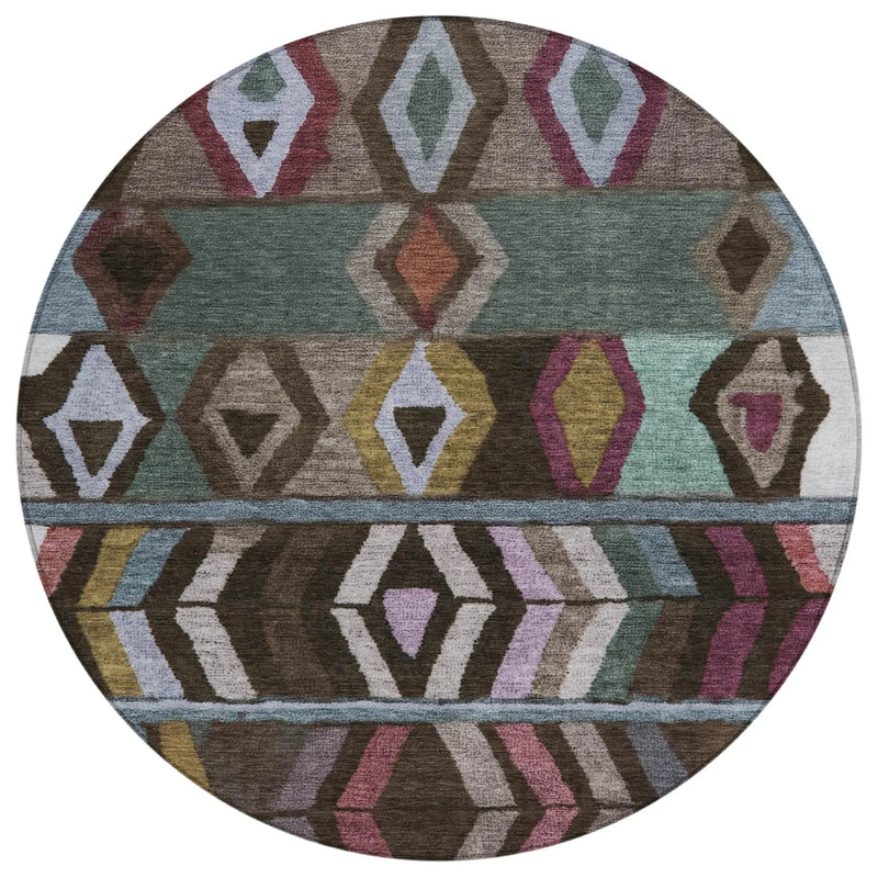 8' Brown And Graphite Round Tribal Washable Indoor Outdoor Area Rug Homeroots Outdoor