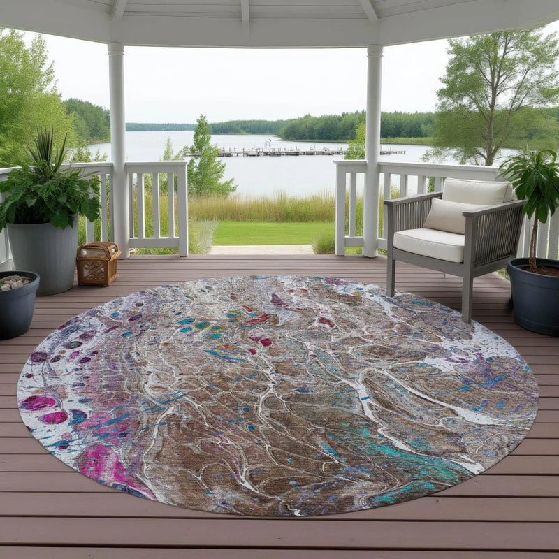 8' Brown And Gray Round Abstract Washable Indoor Outdoor Area Rug Homeroots Outdoor