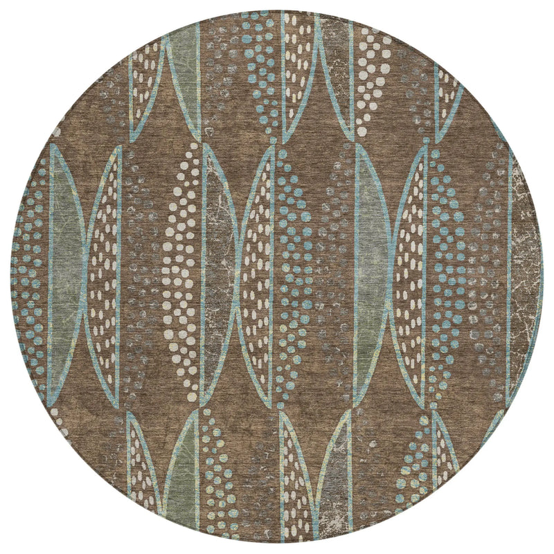 8' Brown And Gray Round Geometric Washable Indoor Outdoor Area Rug Homeroots Outdoor