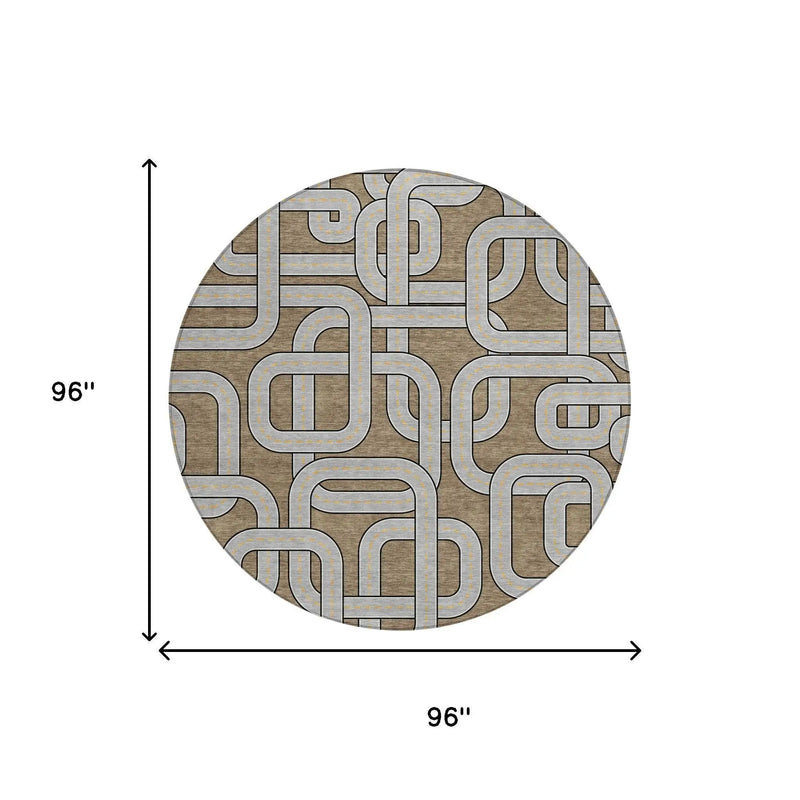 8' Brown And Gray Round Geometric Washable Indoor Outdoor Area Rug Homeroots Outdoor