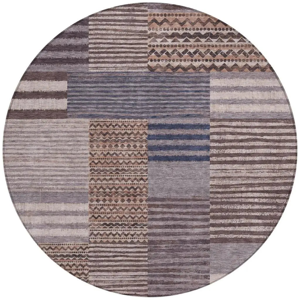 8' Brown And Gray Round Striped Washable Indoor Outdoor Area Rug Homeroots Outdoor
