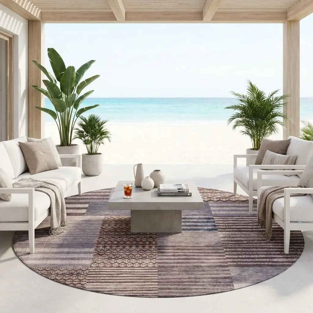 8' Brown And Gray Round Striped Washable Indoor Outdoor Area Rug Homeroots Outdoor
