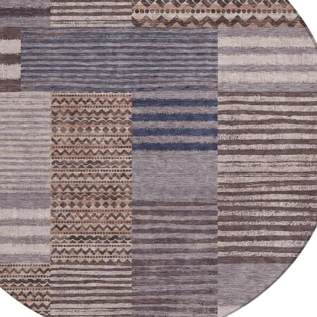 8' Brown And Gray Round Striped Washable Indoor Outdoor Area Rug Homeroots Outdoor