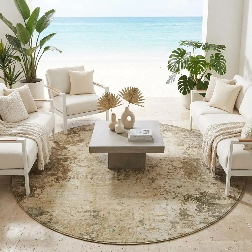 8' Brown And Green Round Abstract Washable Indoor Outdoor Area Rug Homeroots Outdoor