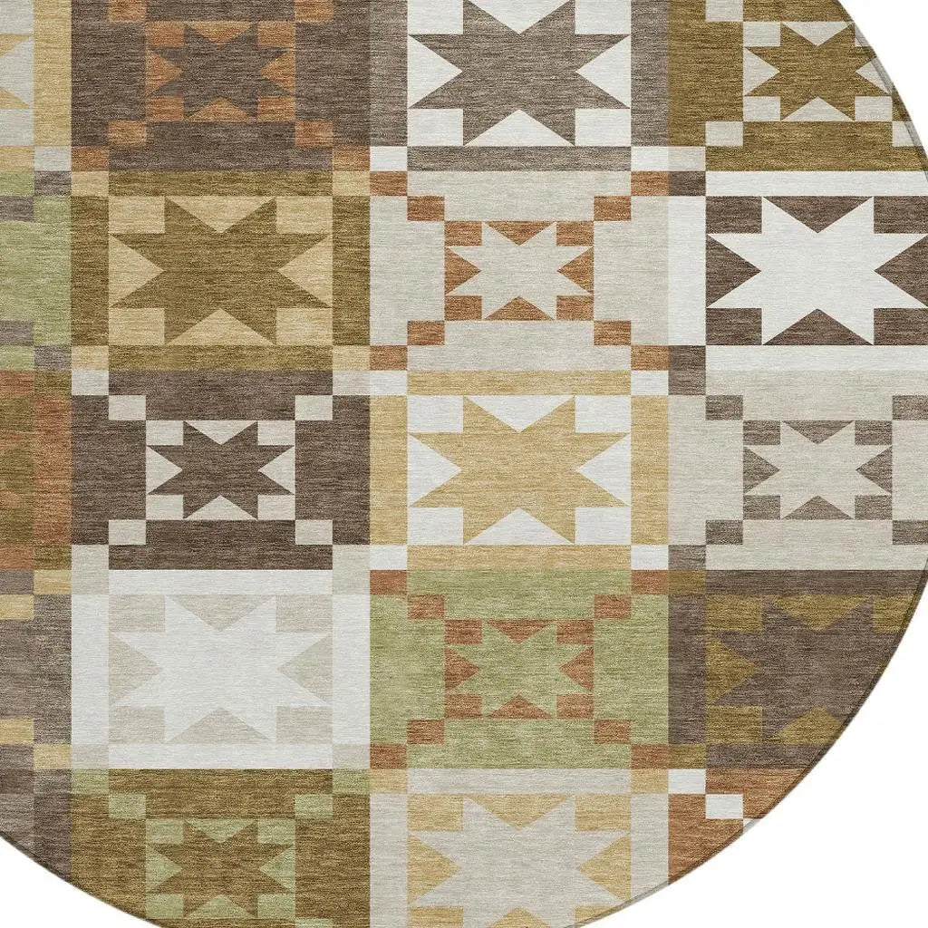 8' Brown And Green Round Patchwork Washable Indoor Outdoor Area Rug Homeroots Outdoor