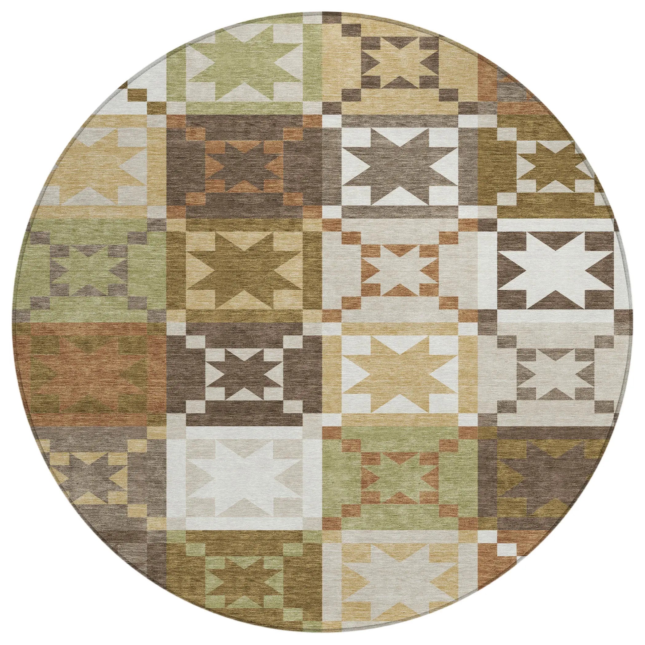 8' Brown And Green Round Patchwork Washable Indoor Outdoor Area Rug Homeroots Outdoor