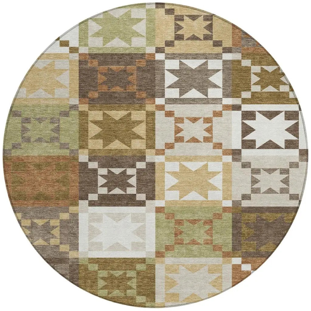 8' Brown And Green Round Patchwork Washable Indoor Outdoor Area Rug Homeroots Outdoor