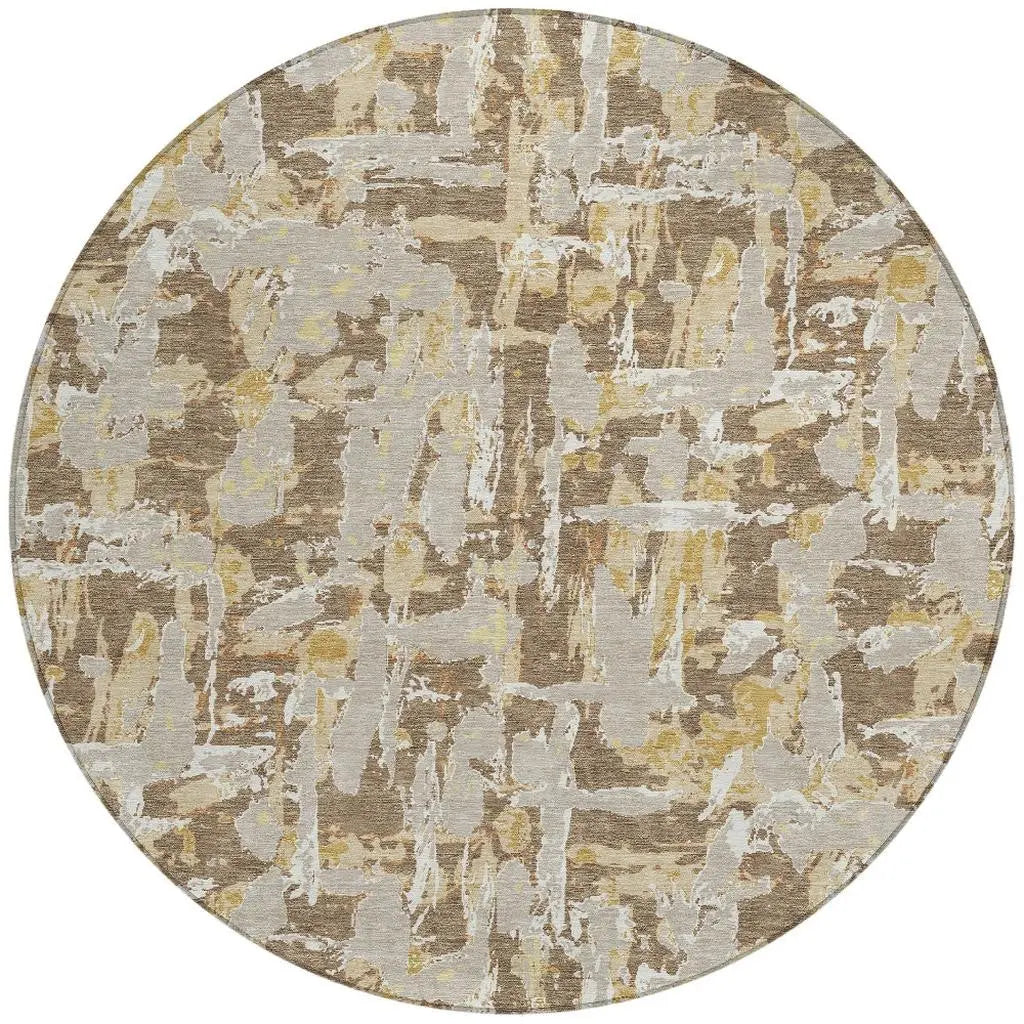 8' Brown And Ivory Round Abstract Washable Indoor Outdoor Area Rug Homeroots Outdoor