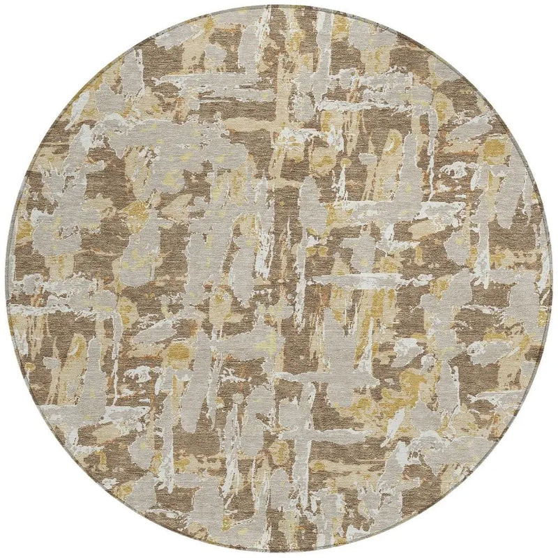 8' Brown And Ivory Round Abstract Washable Indoor Outdoor Area Rug Homeroots Outdoor