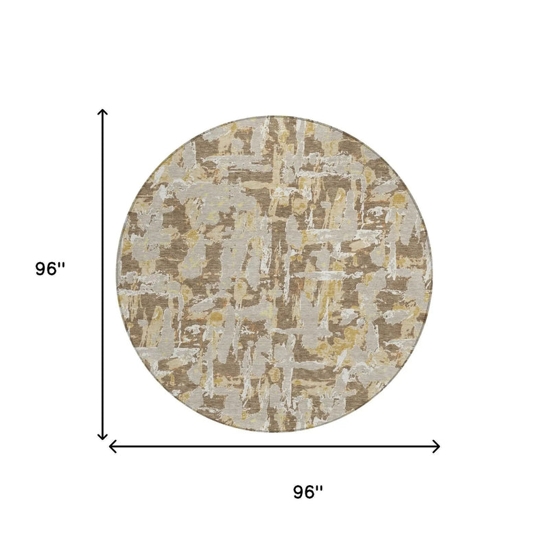 8' Brown And Ivory Round Abstract Washable Indoor Outdoor Area Rug Homeroots Outdoor