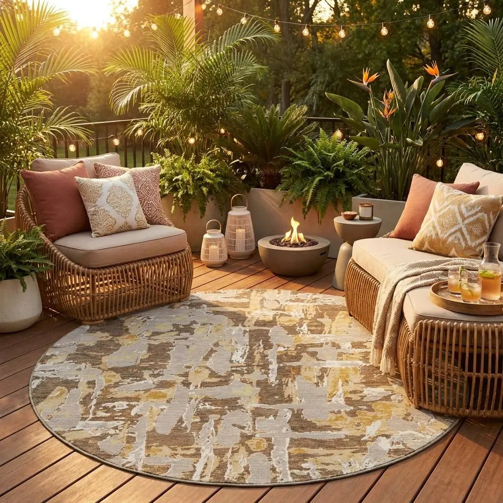 8' Brown And Ivory Round Abstract Washable Indoor Outdoor Area Rug Homeroots Outdoor