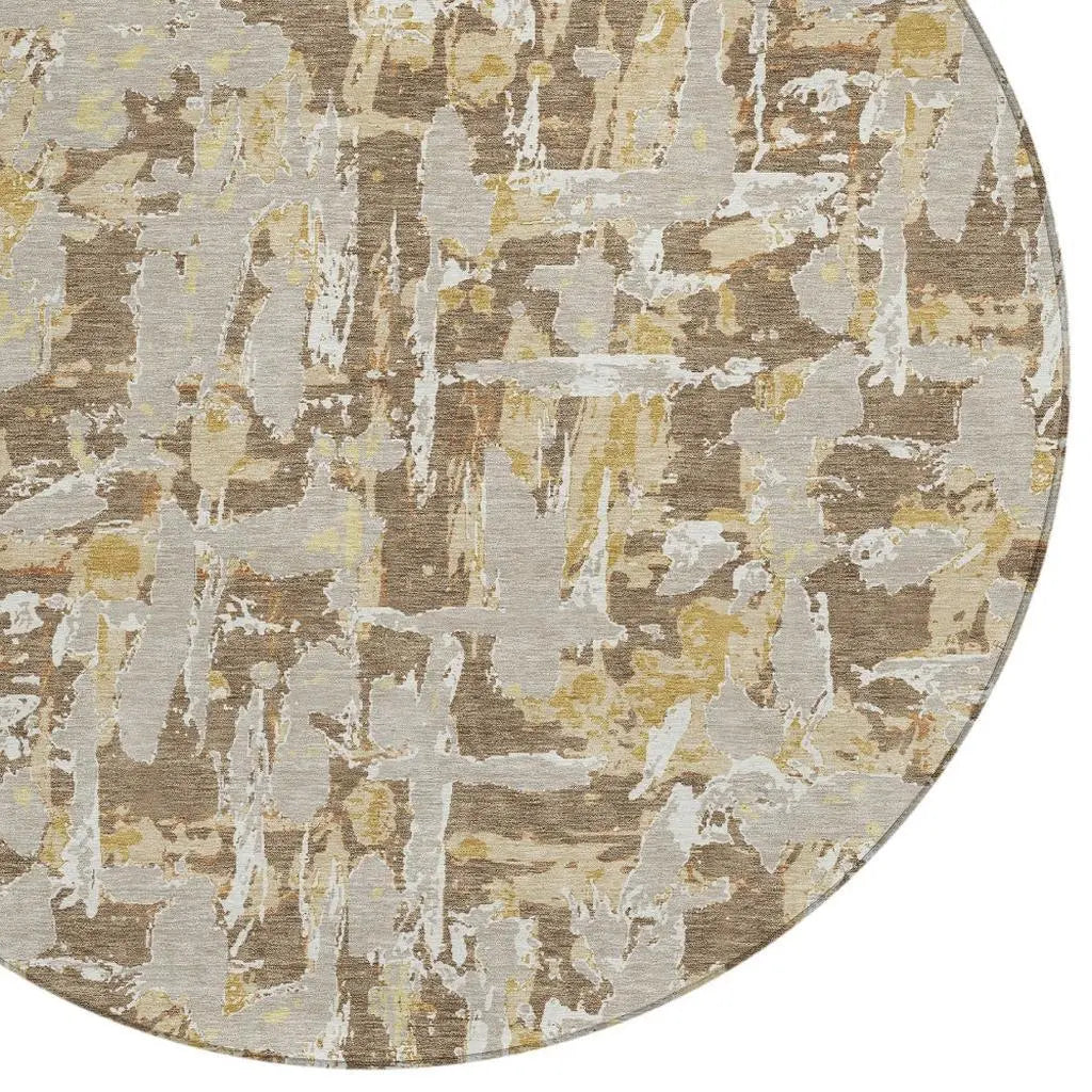 8' Brown And Ivory Round Abstract Washable Indoor Outdoor Area Rug Homeroots Outdoor
