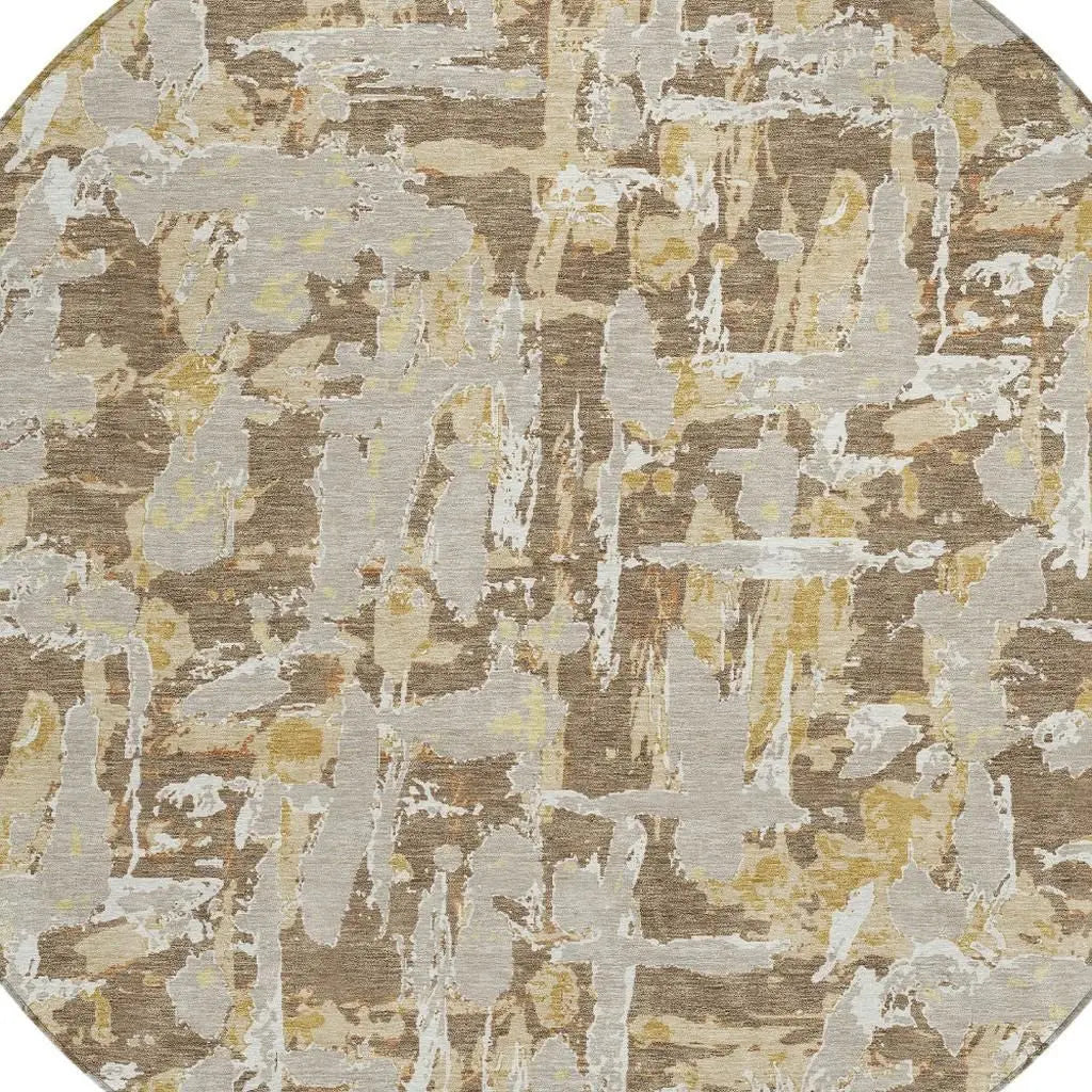 8' Brown And Ivory Round Abstract Washable Indoor Outdoor Area Rug Homeroots Outdoor