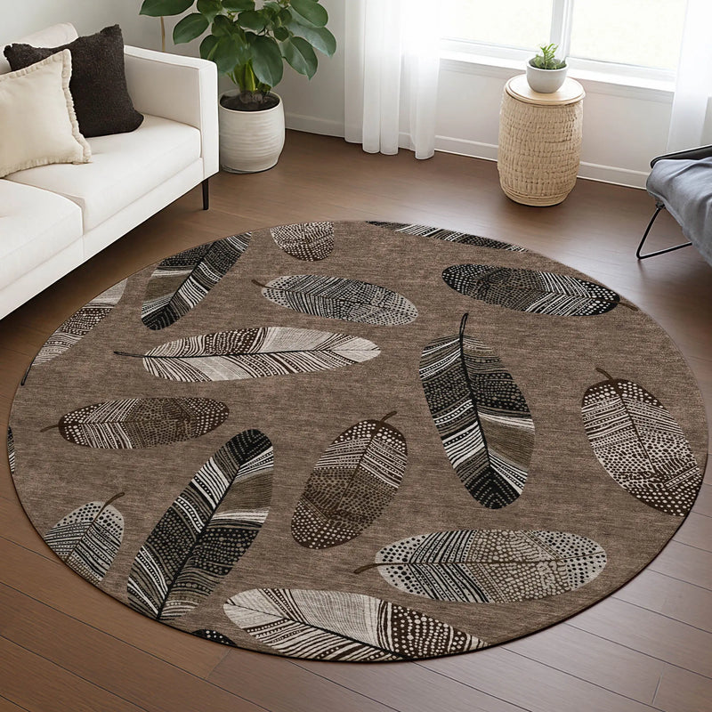 8' Brown And Ivory Round Botanical Leaves Washable Indoor Outdoor Area Rug Homeroots Outdoor