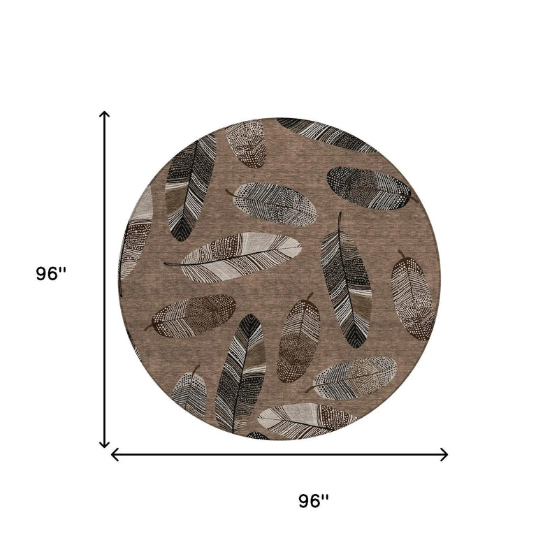 8' Brown And Ivory Round Botanical Leaves Washable Indoor Outdoor Area Rug Homeroots Outdoor