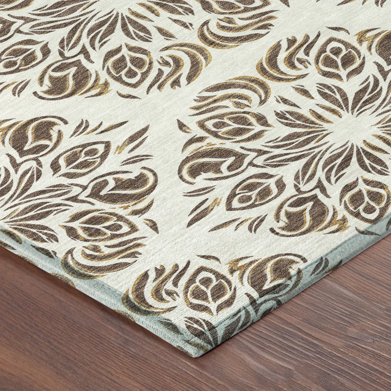 8' Brown And Ivory Round Damask Washable Indoor Outdoor Area Rug Homeroots Outdoor