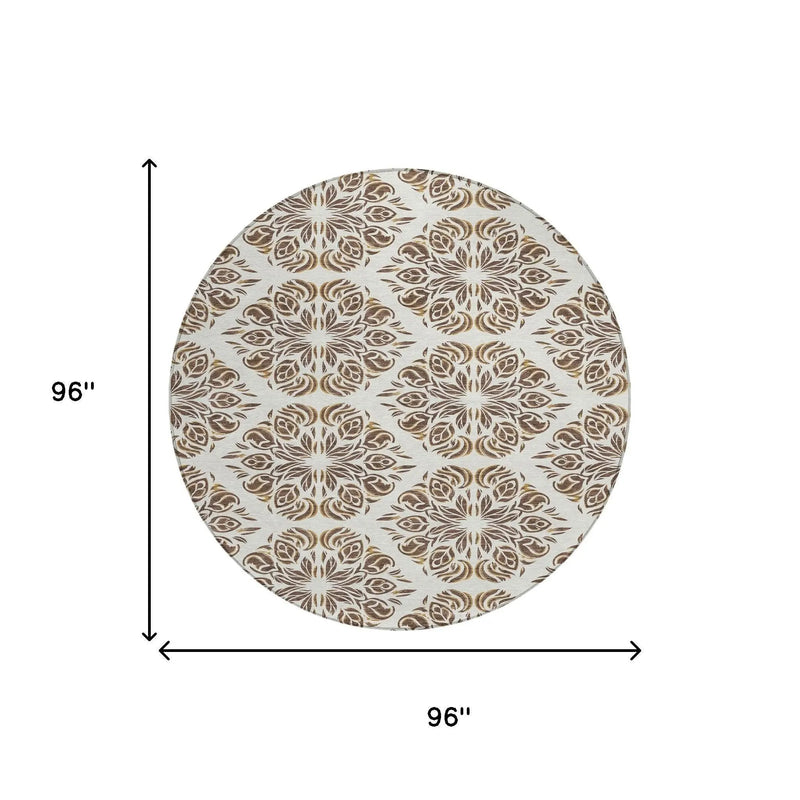 8' Brown And Ivory Round Damask Washable Indoor Outdoor Area Rug Homeroots Outdoor