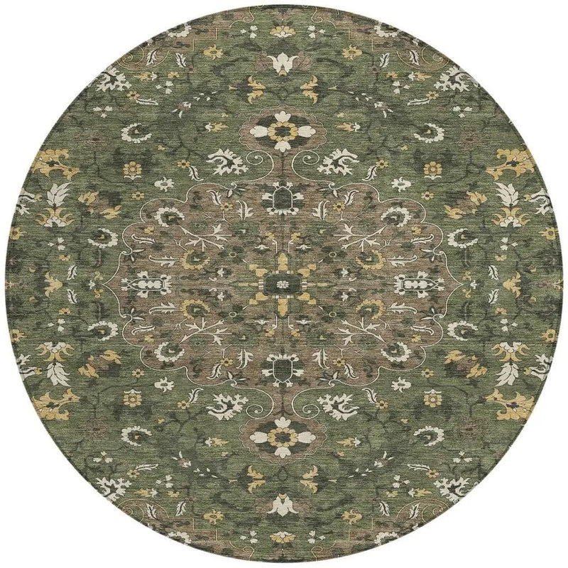 8' Brown And Ivory Round Floral Medallion Washable Indoor Outdoor Area Rug Homeroots Outdoor