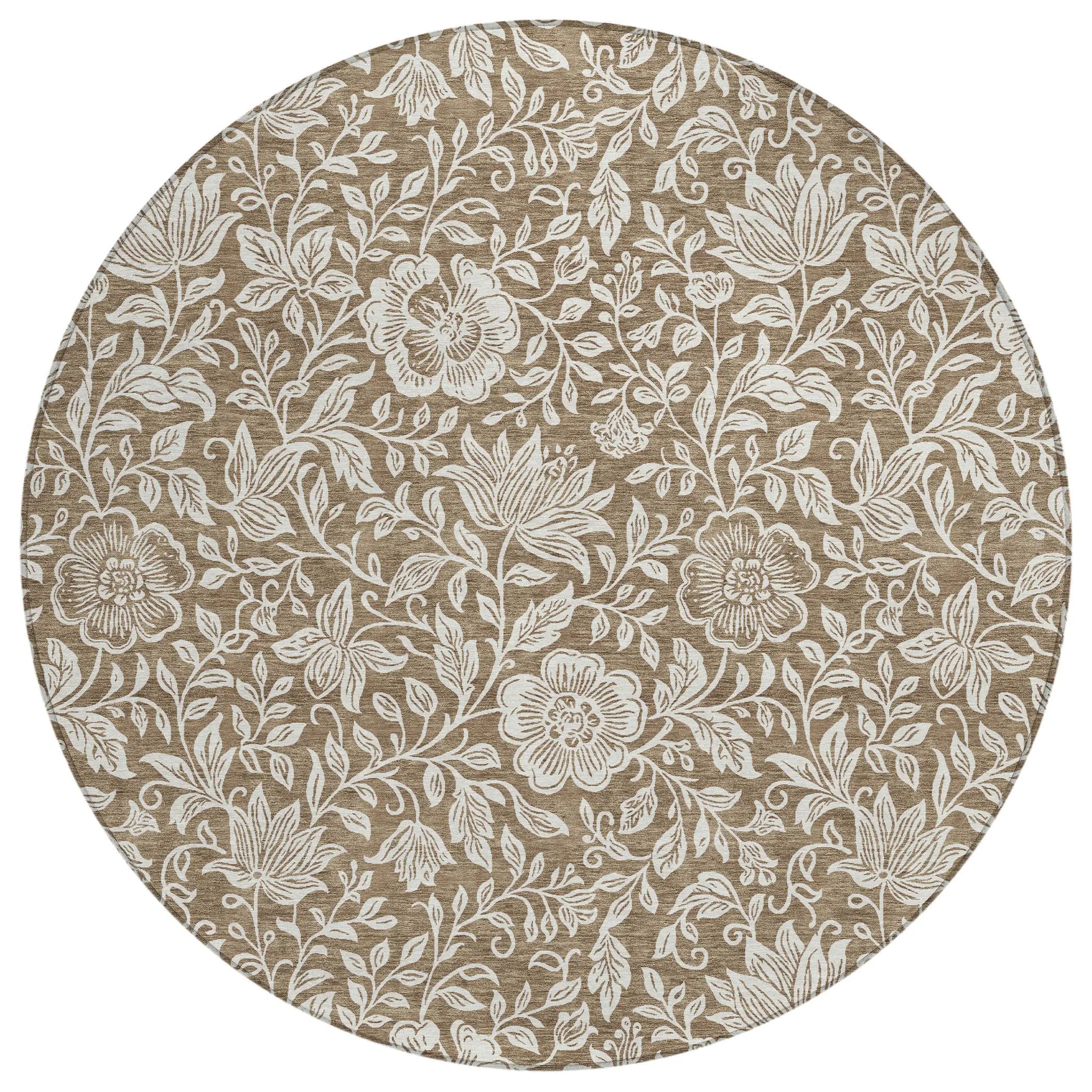 8' Brown And Ivory Round Floral Washable Indoor Outdoor Area Rug Homeroots Outdoor