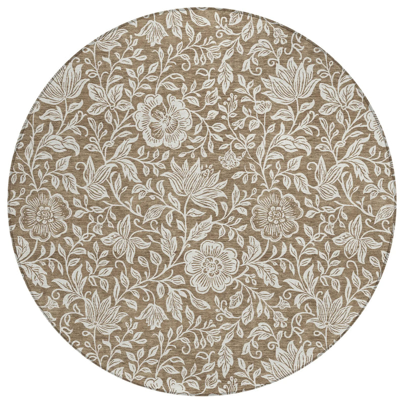 8' Brown And Ivory Round Floral Washable Indoor Outdoor Area Rug Homeroots Outdoor