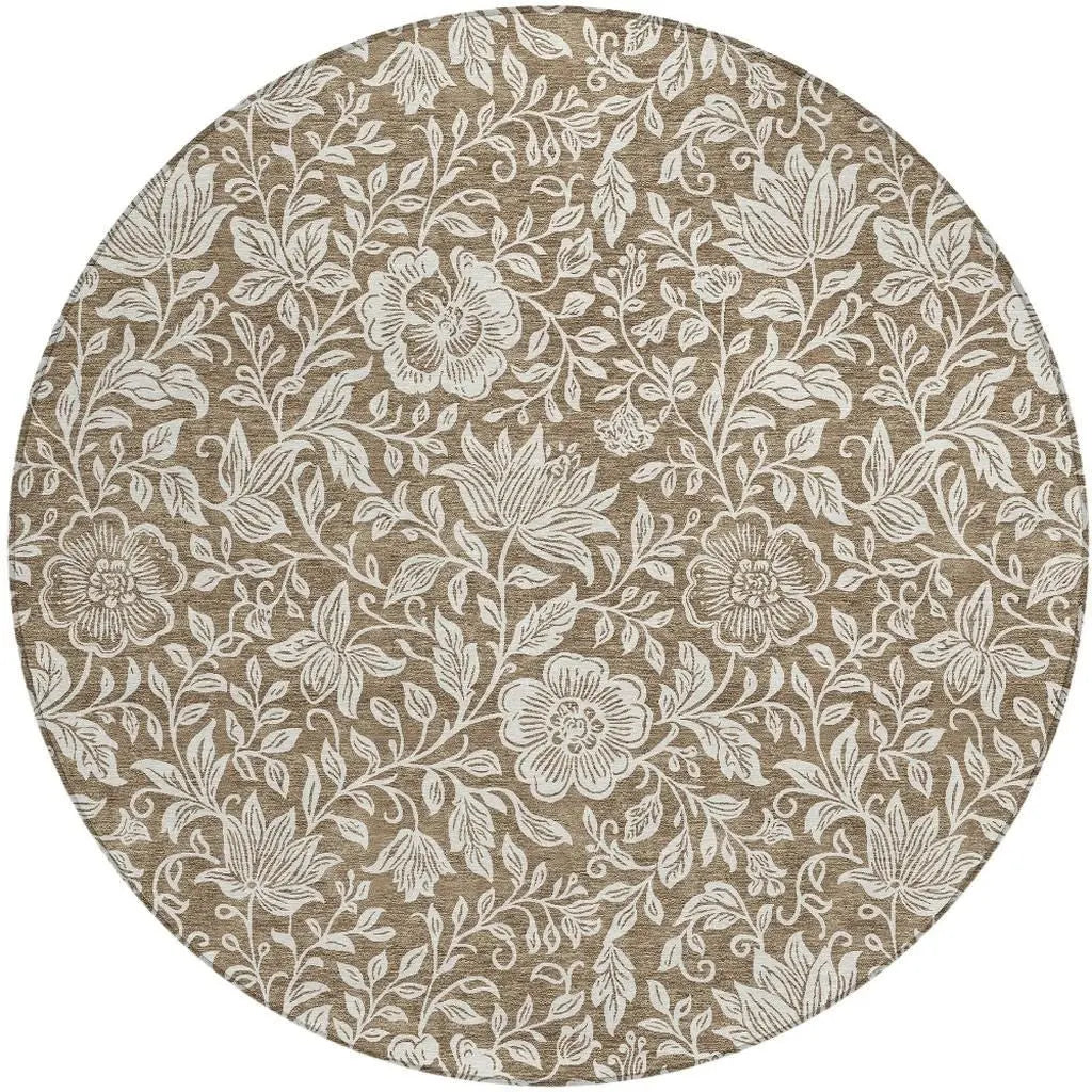 8' Brown And Ivory Round Floral Washable Indoor Outdoor Area Rug Homeroots Outdoor