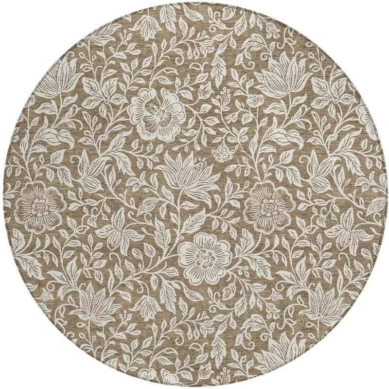 8' Brown And Ivory Round Floral Washable Indoor Outdoor Area Rug Homeroots Outdoor