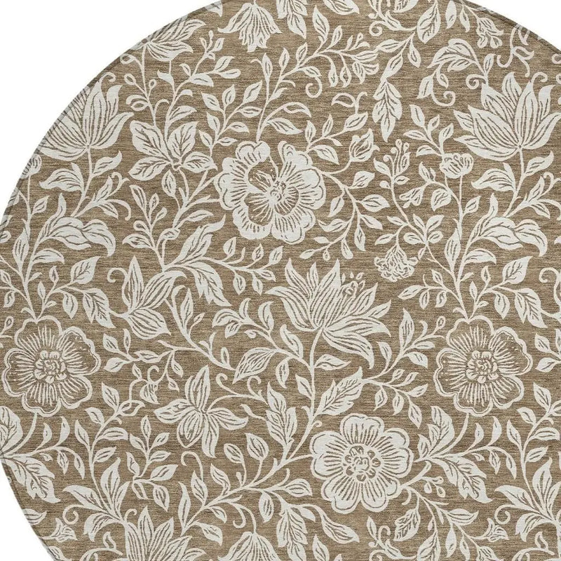 8' Brown And Ivory Round Floral Washable Indoor Outdoor Area Rug Homeroots Outdoor