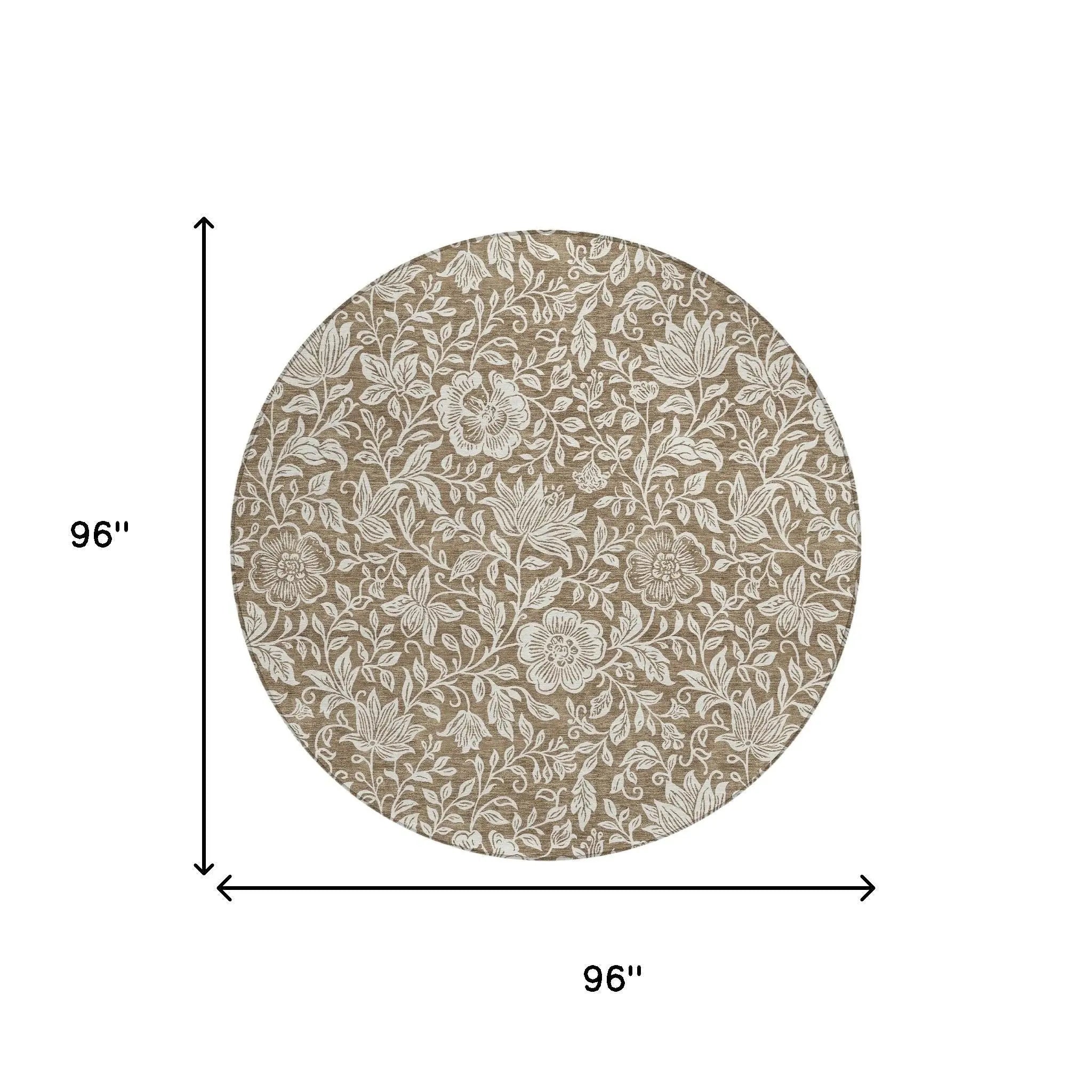 8' Brown And Ivory Round Floral Washable Indoor Outdoor Area Rug Homeroots Outdoor