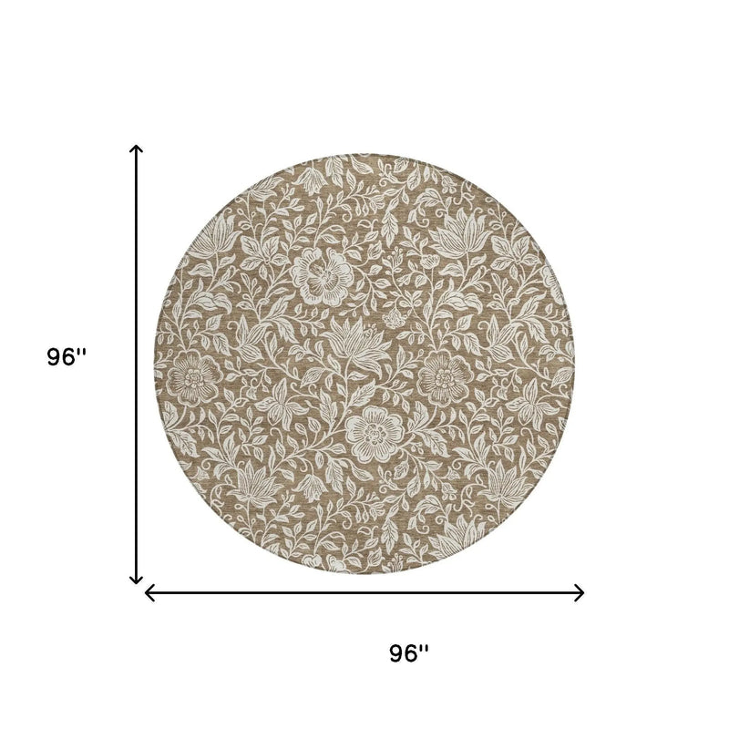 8' Brown And Ivory Round Floral Washable Indoor Outdoor Area Rug Homeroots Outdoor
