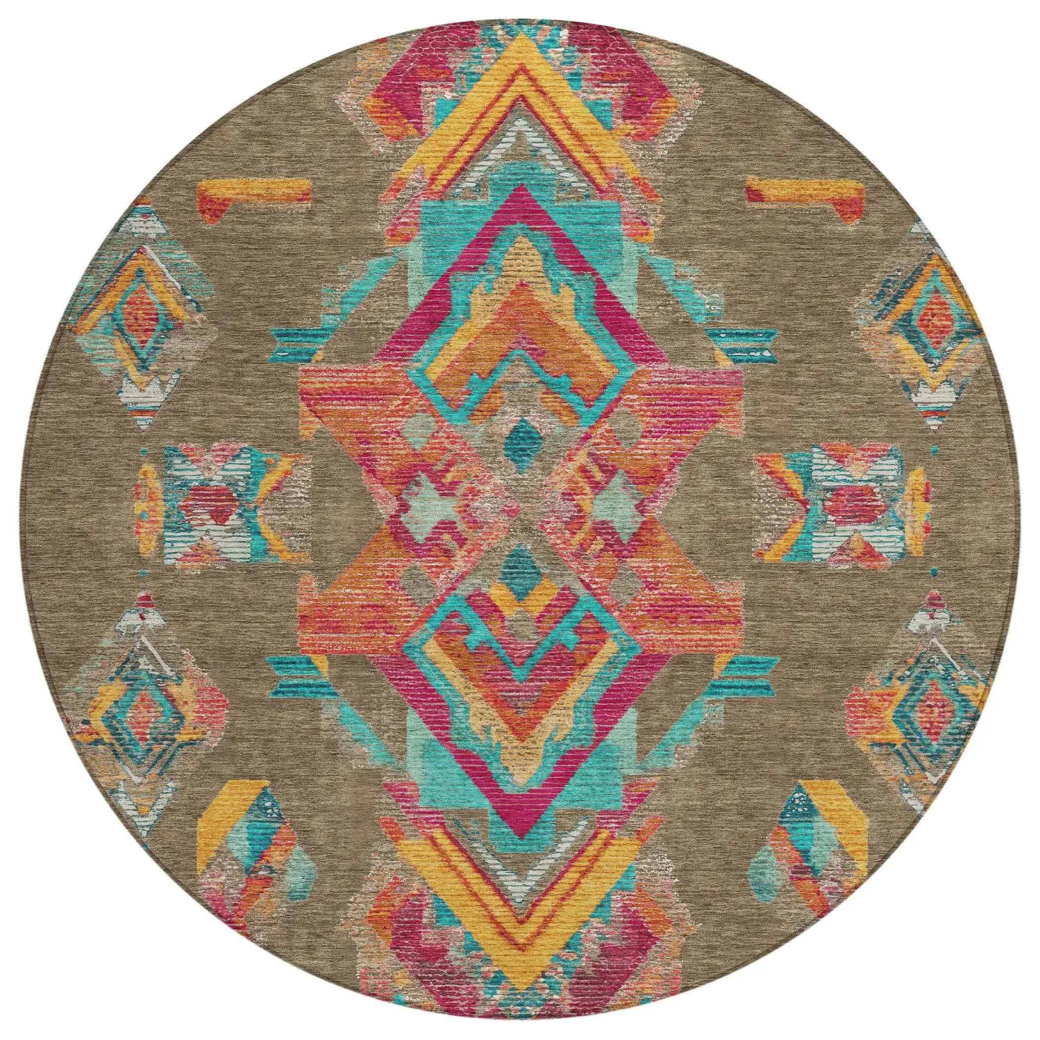 8' Brown And Ivory Round Tribal Washable Indoor Outdoor Area Rug Homeroots Outdoor