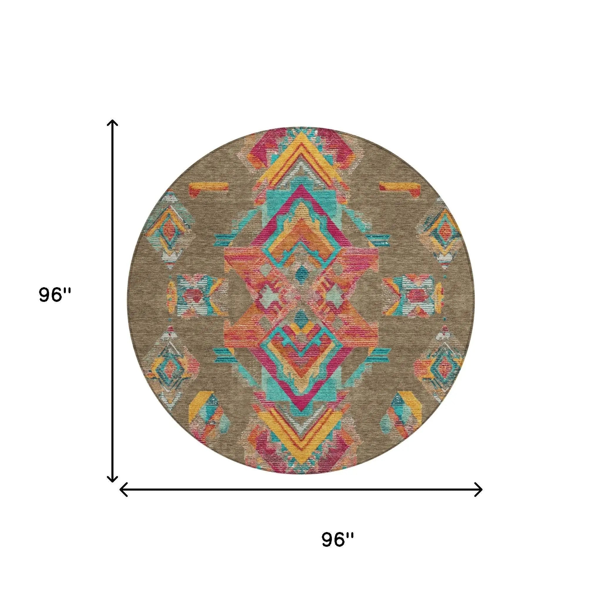 8' Brown And Ivory Round Tribal Washable Indoor Outdoor Area Rug Homeroots Outdoor