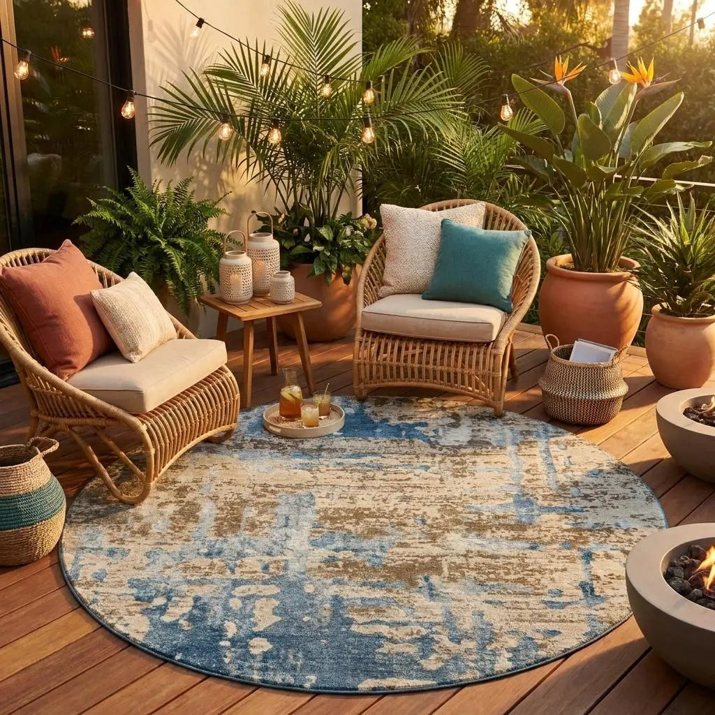 8' Brown And Khaki Round Abstract Washable Indoor Outdoor Area Rug Homeroots Outdoor