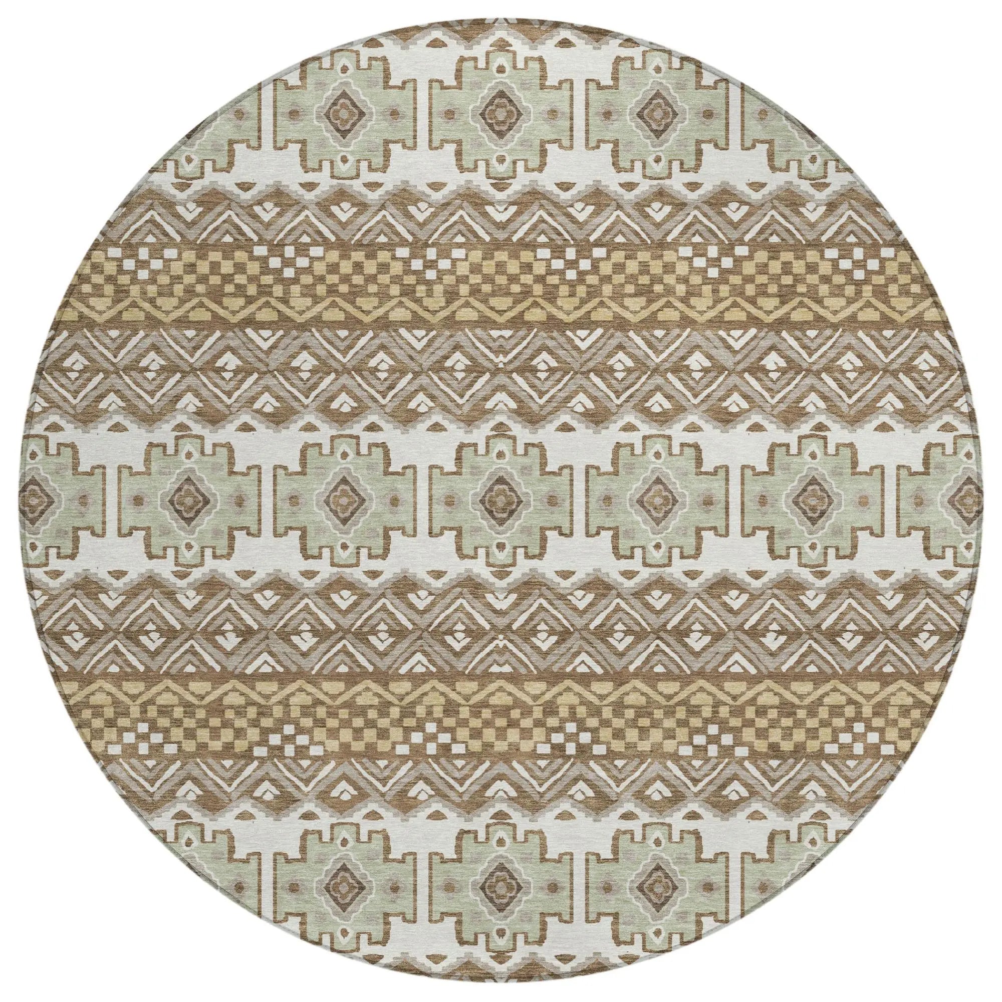 8' Brown And Khaki Round Striped Washable Indoor Outdoor Area Rug Homeroots Outdoor