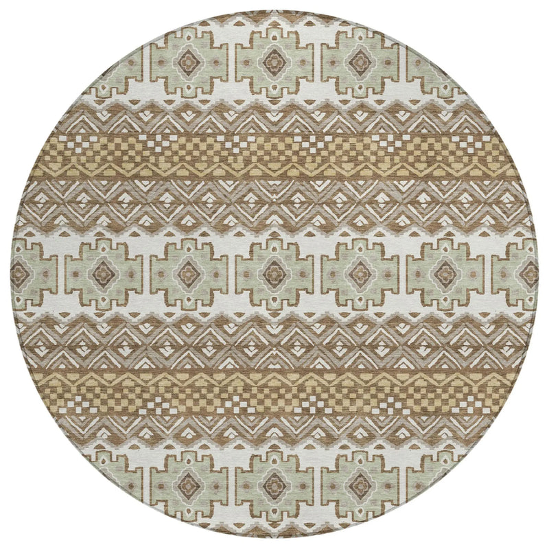 8' Brown And Khaki Round Striped Washable Indoor Outdoor Area Rug Homeroots Outdoor