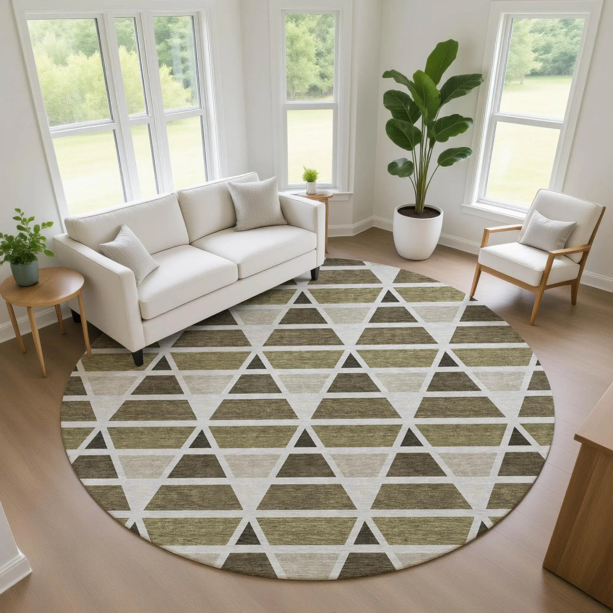 8' Brown And Pewter Round Geometric Washable Indoor Outdoor Area Rug Homeroots Outdoor