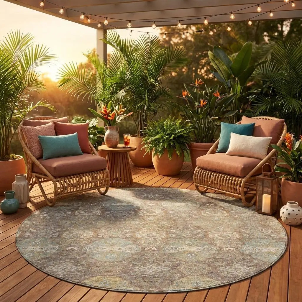 8' Brown And Sage Round Floral Washable Indoor Outdoor Area Rug Homeroots Outdoor